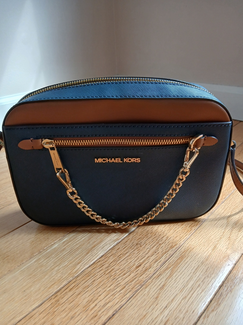 MICHAEL KORS Navy and Tan Saffiano Leather Crossbody